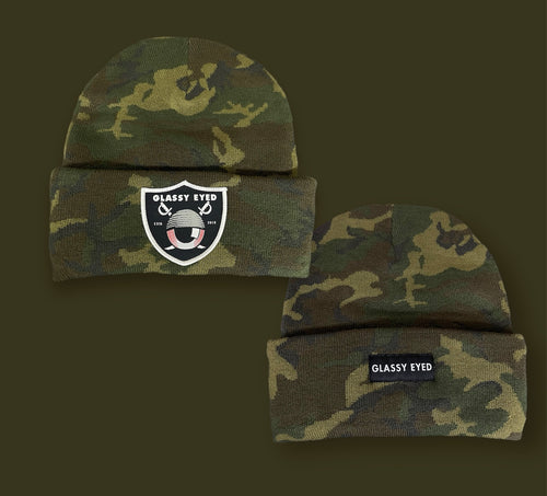 Glassy Eyed SHIELD patch Camo beanie